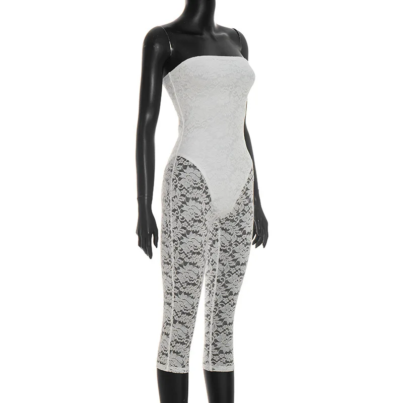 Sexy Spitzen-Overall mit Durchsichtigen Patchwork-Elementen für Damen, Schulterfreier Einteiler für Ausgeh-Looks, Streetwear-Overall, Capri-Catsuit – Detail 10