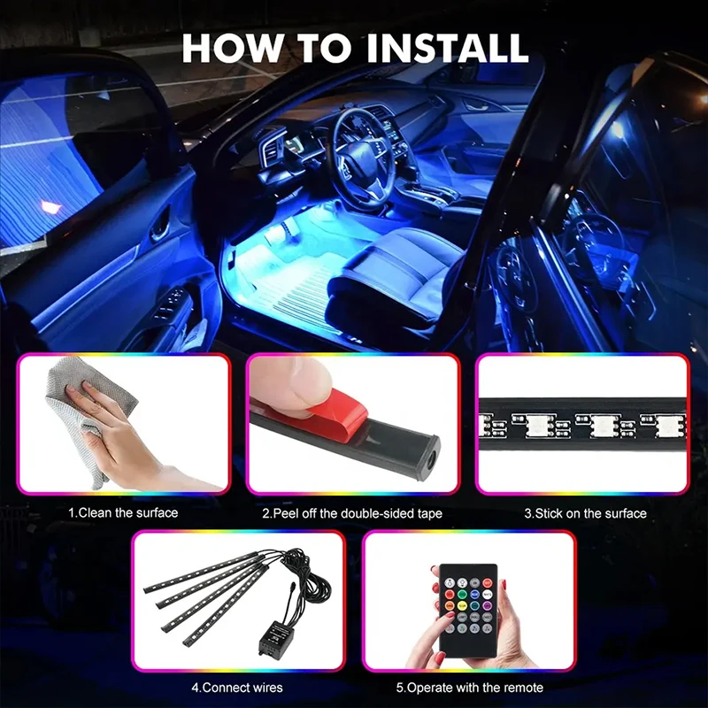 LED 자동차 발 주변 조명, USB 자동차 네온 무드 백라이트, 음악 제어 앱, RGB 자동차 인테리어 장식 분위기 조명