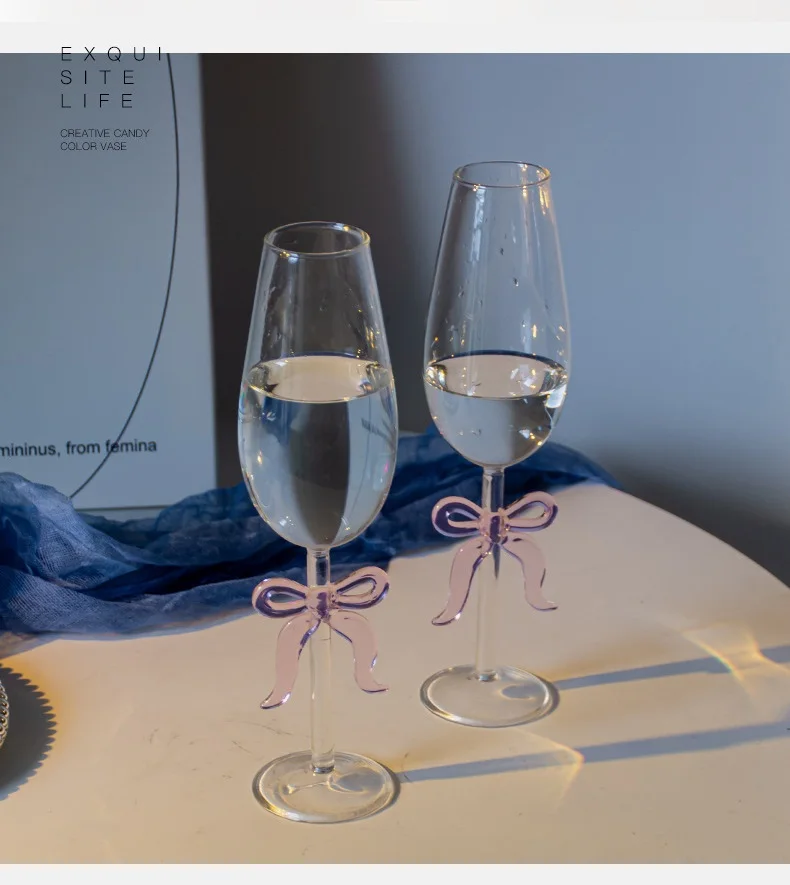 Glass Drinkware 1 Piece Elegant Pink Bowknot Red Wine Glass Goblet Champagne Flute Creative Celebrity Sparking Wine Glass Cup