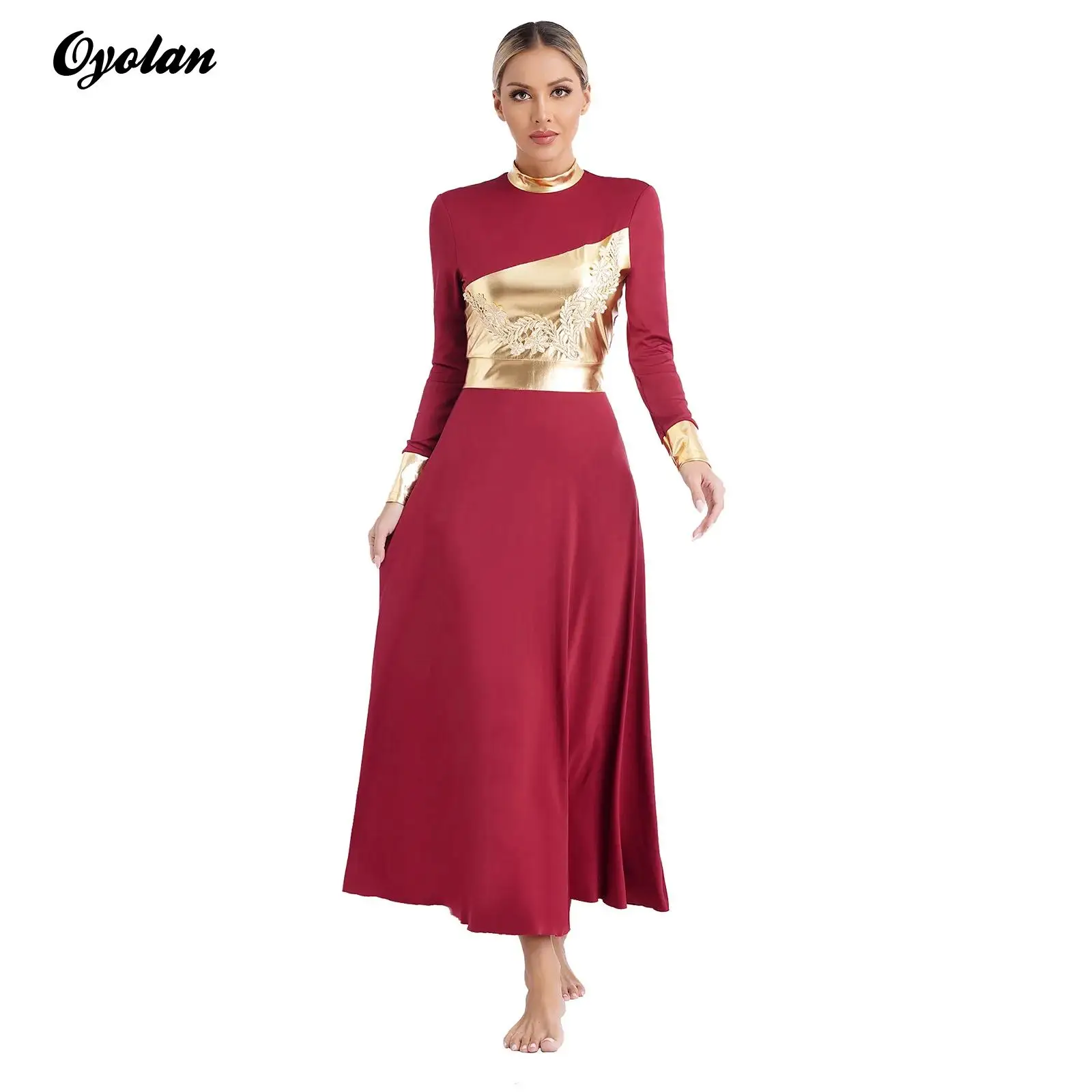 

Women Metallic Shiny Liturgical Praise Worship Church Party Costumes Dance Dress Long Sleeve Ballet Lyrical Dress dancewear