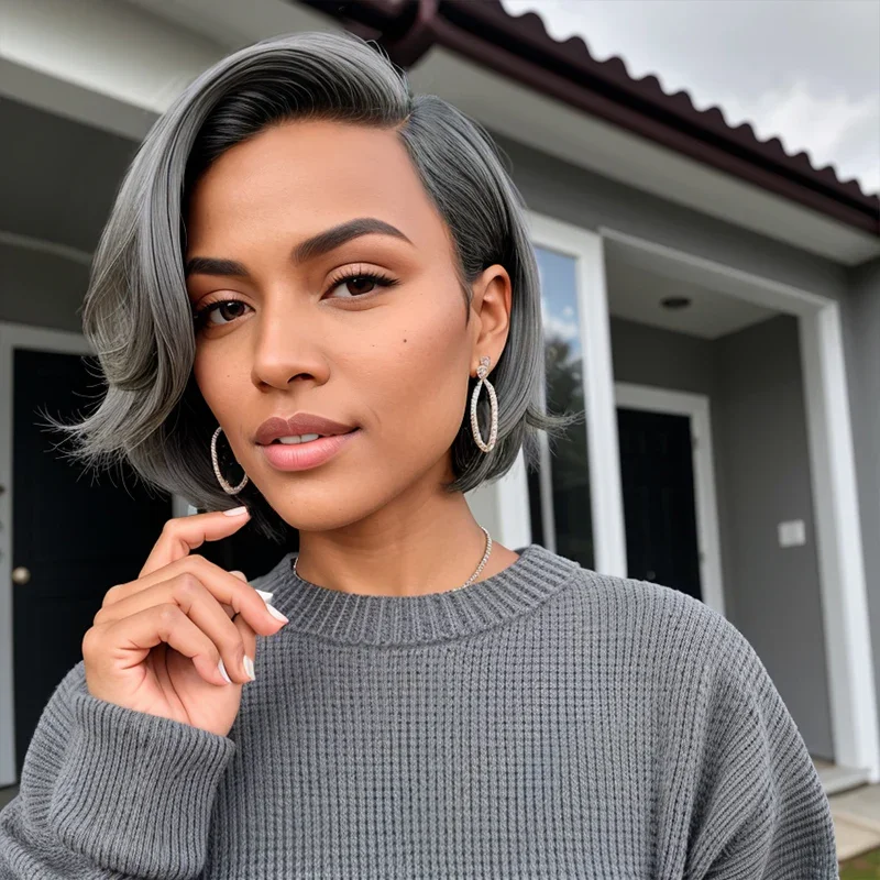 Melodie Salt And Pepper Short Pixie C Part Cut 5X5 Closure Brazilian Remy Hair Wig Human Hair