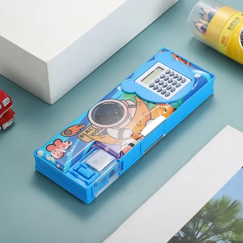 Creative Dual Use Pencil Case Calculator Cartoon Multifunctional Large Capacity Double-layer Pen Storage Box Astronauts Cute