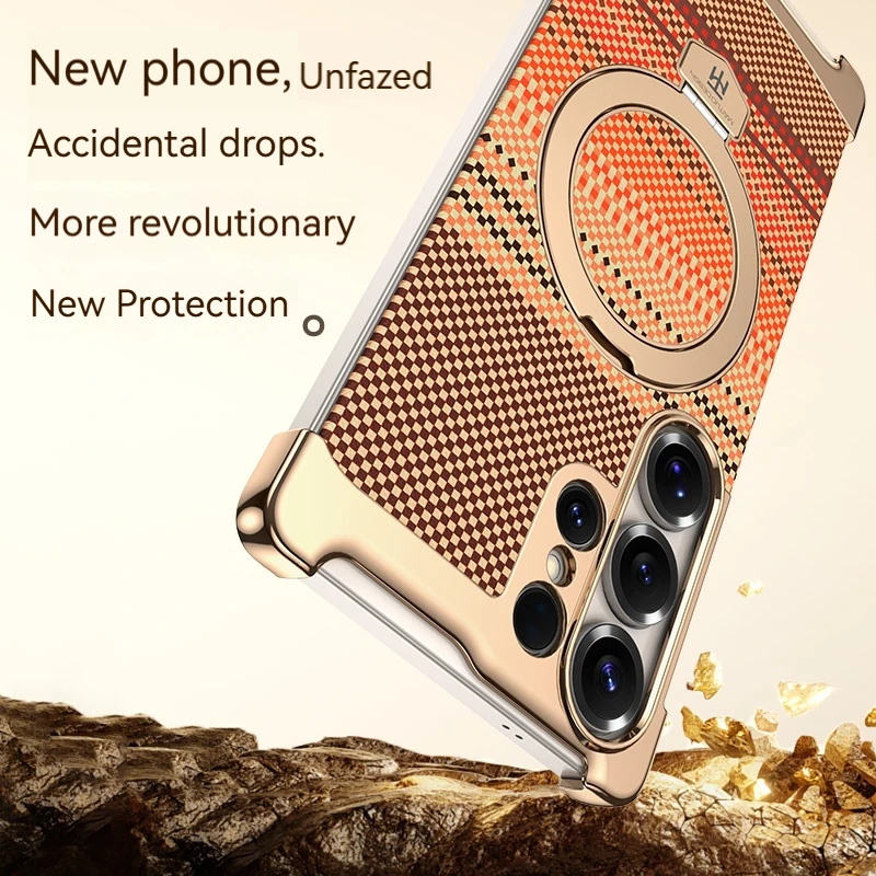 Carbon Fiber Textured Frameless Phone Case with Magnetic Rotating Bracket