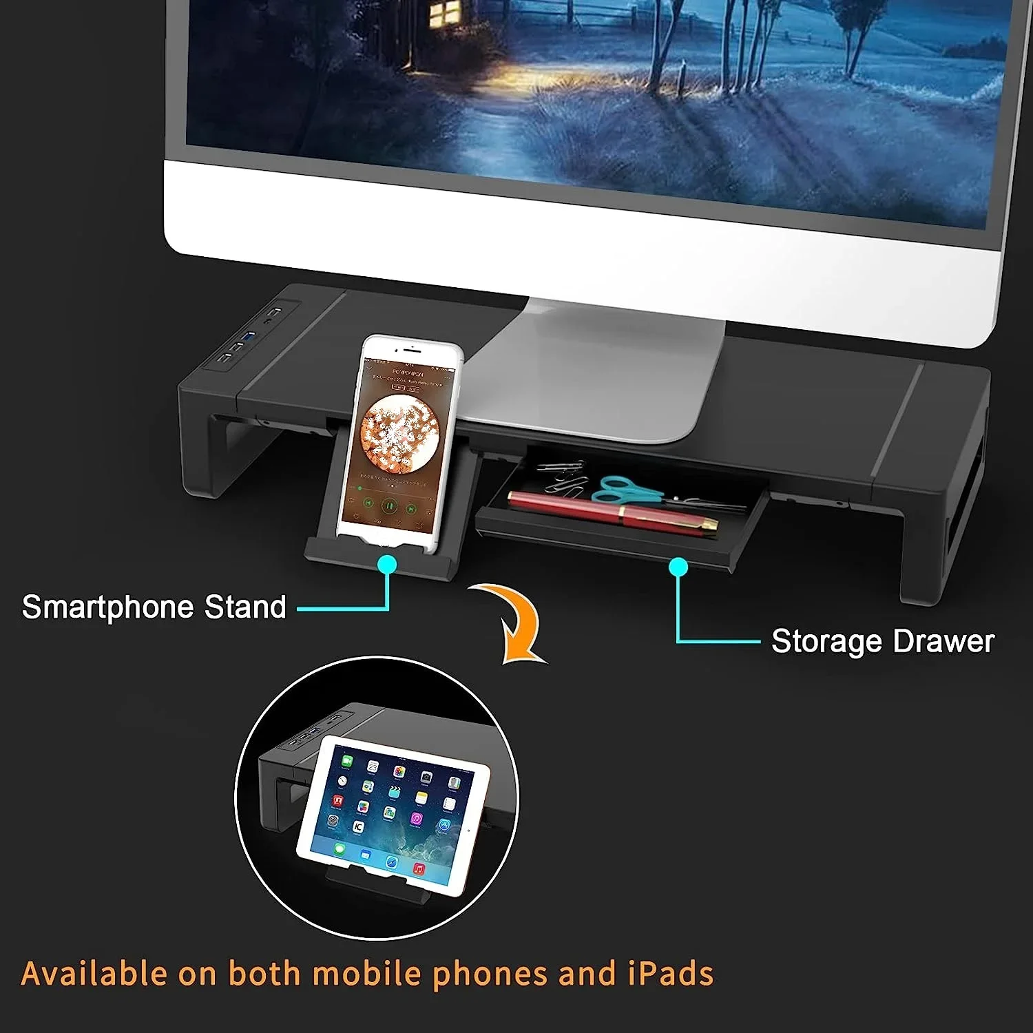 Height Adjustable Monitor Stand with USB Storage