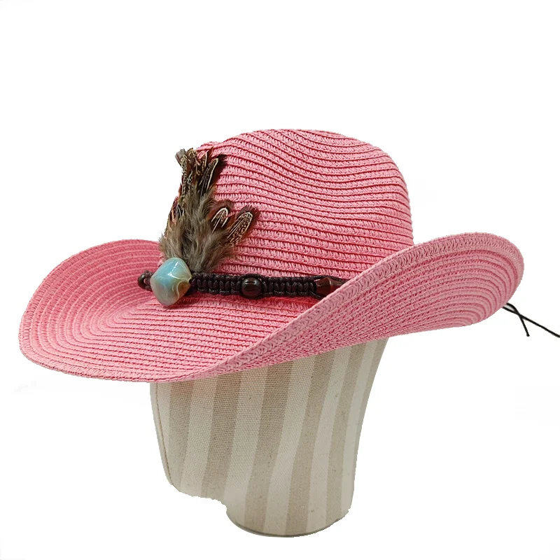 Women's Cowboy Hat New Sun Hat Jazz Cowboy Straw Hat Feather Fashion Men's  Outdoor Sunshade Hat Denim Flip Button Knight Straw