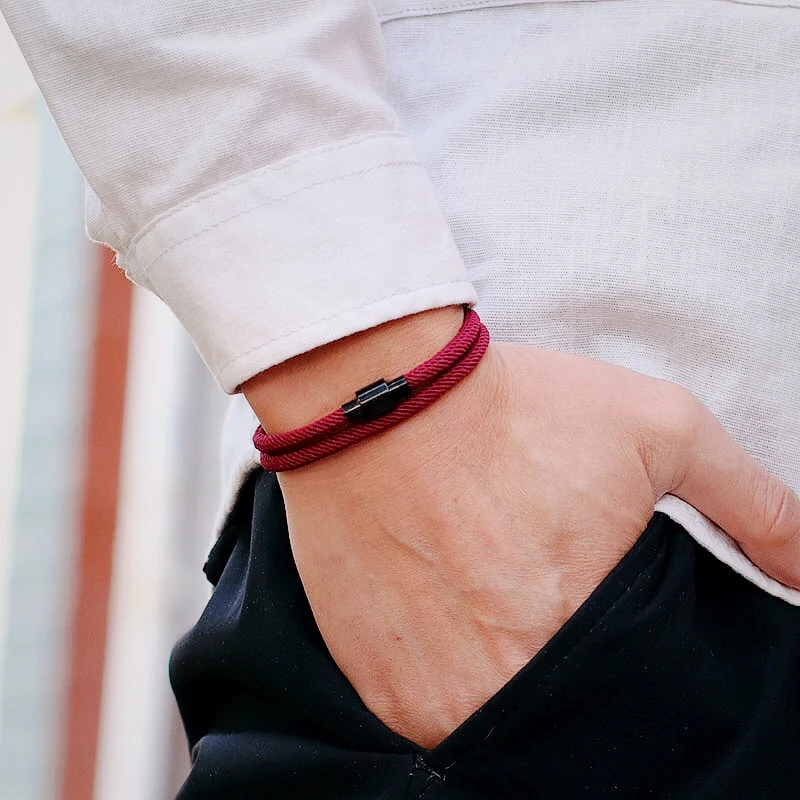 Stainless Steel Magnet Buckle Double Layer Cord Chain Bracelet