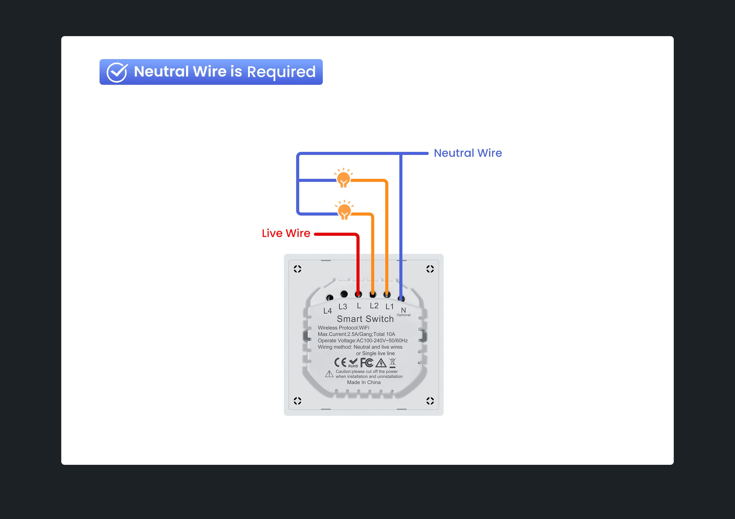 Description Picture 5 of itemGIRIER Smart Light Switch WiFi Push Button Wall Switch Neutral Wire Required 1/2/3/4 Gang Works with Tuya Alexa Google Home