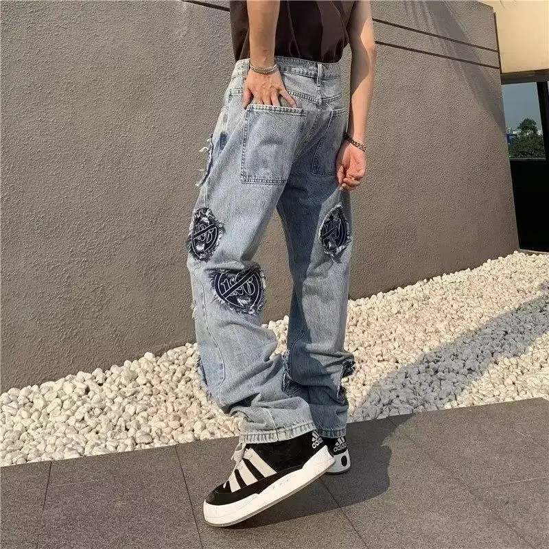 American retro embroidered jeans men's spring versatile pants high street loose straight leg workwear pants cargo pants