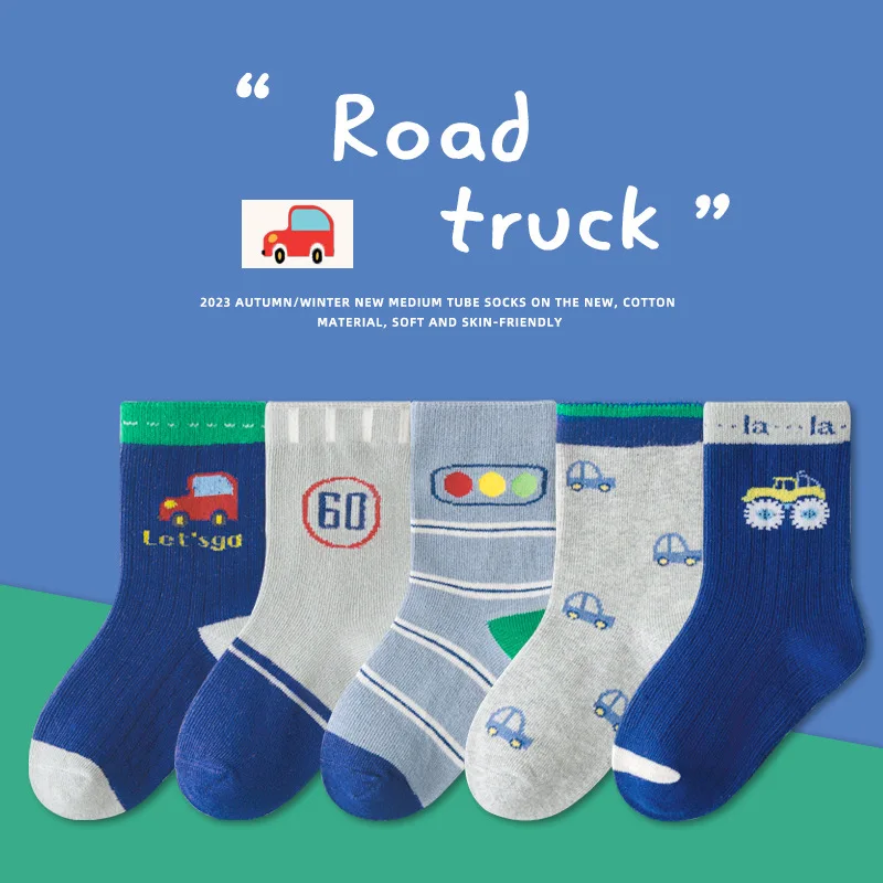 

5 Pairs Children Socks Boys Autumn Winter Cotton Socks Cartoon Cars Pattern Baby Infant Socks