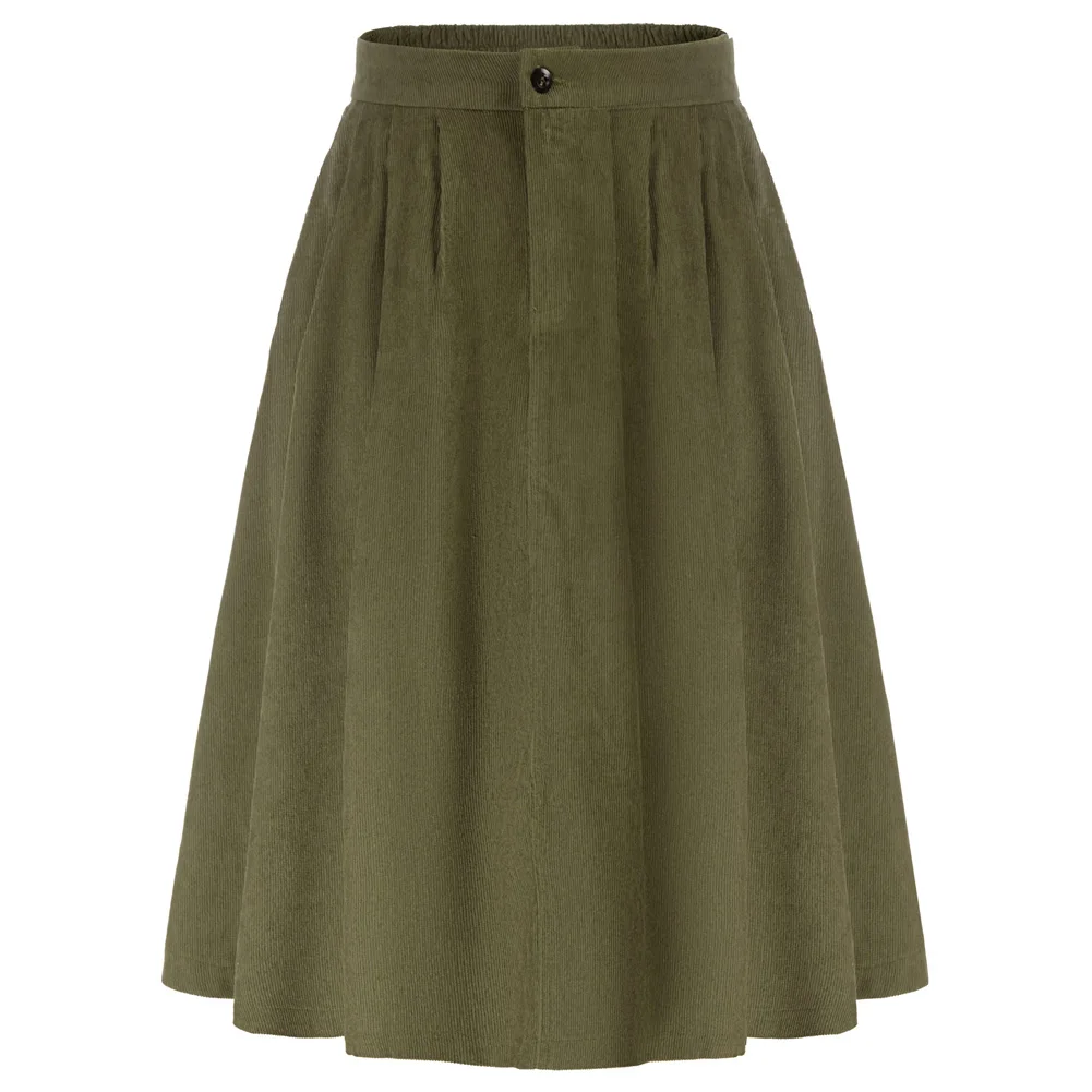 

KK Women Corduroy Skirt Elastic High Waist Below Knee Flared A-Line Skirt Vintage Office Ladies Workwear Female Midi Skirts A30