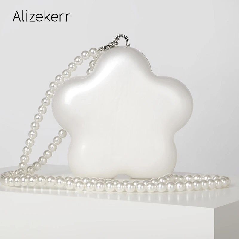 

Flower Shaped Acrylic Box Clutch Purses Luxury For Women Boutique Evening Crossbody Bags With Pearl Chain Bridal Wedding Party