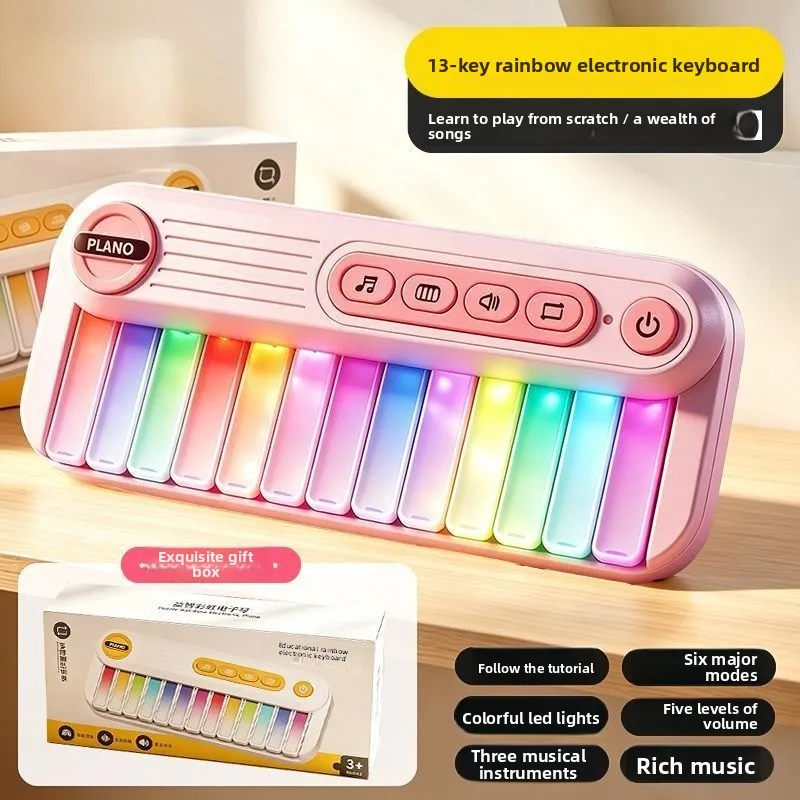 Pianoforte Elettronico Arcobaleno a 13 Tasti per Bambini, Tastiera con Luci LED, Giocattolo Musicale Multifunzionale Educativo, Regalo di Compleanno - immagine 2