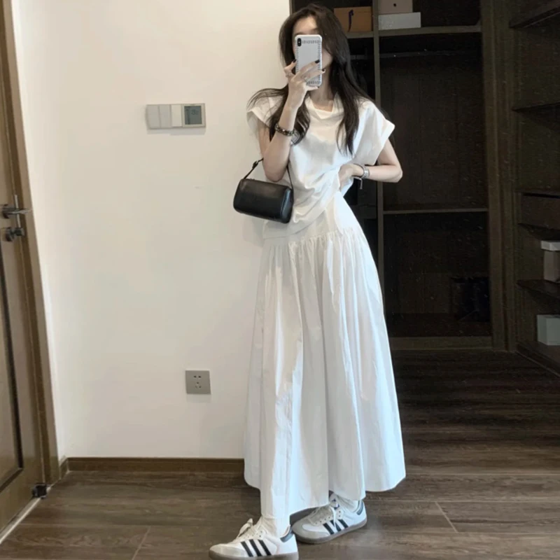 여름 임부복 반팔 상의와 스커트 세트 여성 패셔너블 임산부 의상 투피스 세트 면 소재 이너