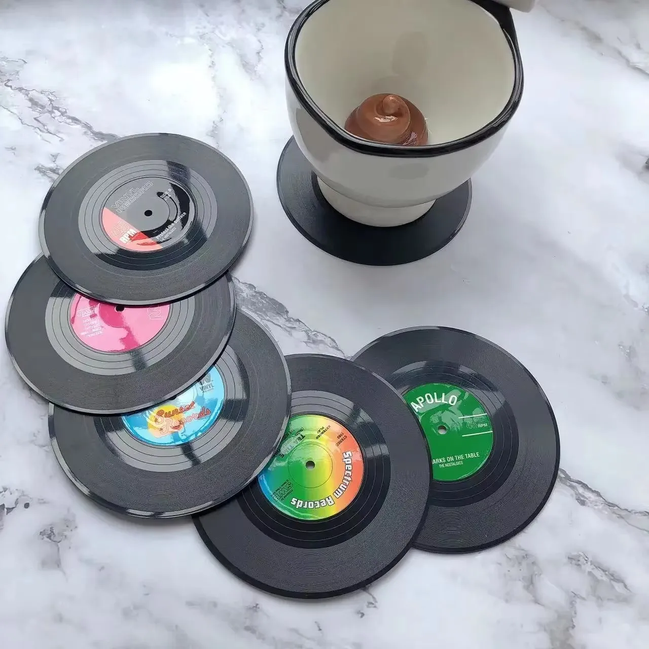 Vintage Mug Coaster Set, 6/12PCS, Colorful Retro Vinyl Record, for Drinks