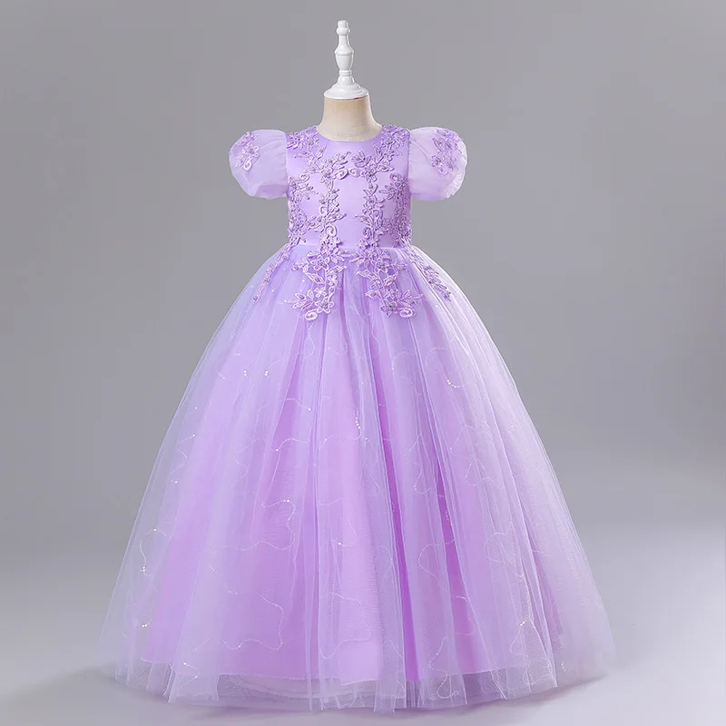 Children's princess dress lace one-shoulder long dress flower girl wedding lace beaded party princess flower girl dresses