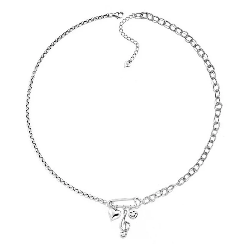 

045L ZFSILVER Fashion Sterling Silver 925 Trendy Retro Design Smile Face Note Pin Necklace Women Wedding Charm Jewelry Match-all