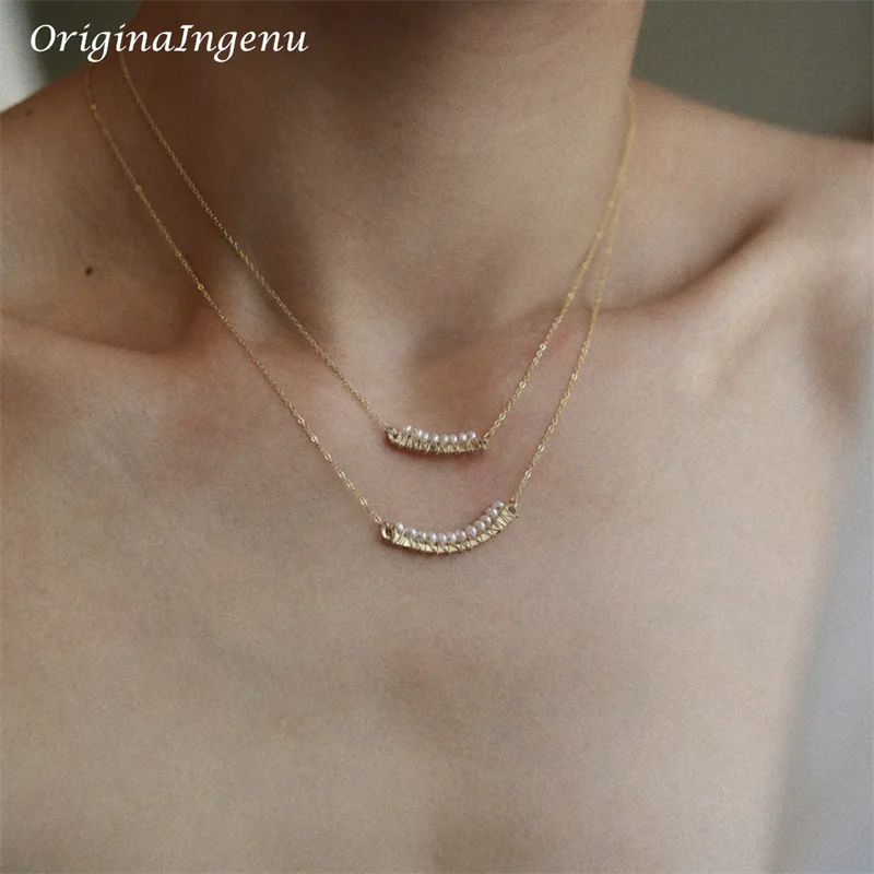 14K Gold Filled Natural Pearl Necklace Dainty Hammered Charm Necklace