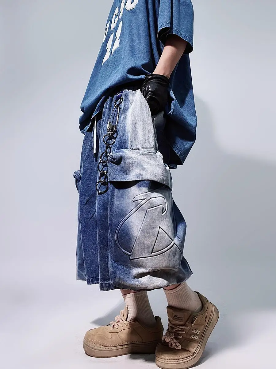 Y2k Summer New Shorts Mens Loose Retro Hip Hop Wide Leg Sweatpants Oversized Pocket Letter Pattern Denim Gym Shorts Streetwear