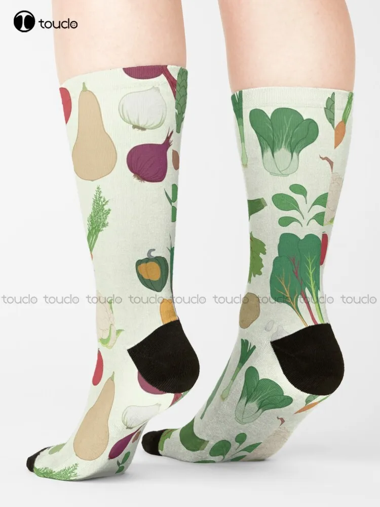 

Vegetables Healthy Tomato Corn Zucchini Carrot Eggplant Socks Women Crew Socks Cartoon Comfortable Best Girls Sports Custom Gift