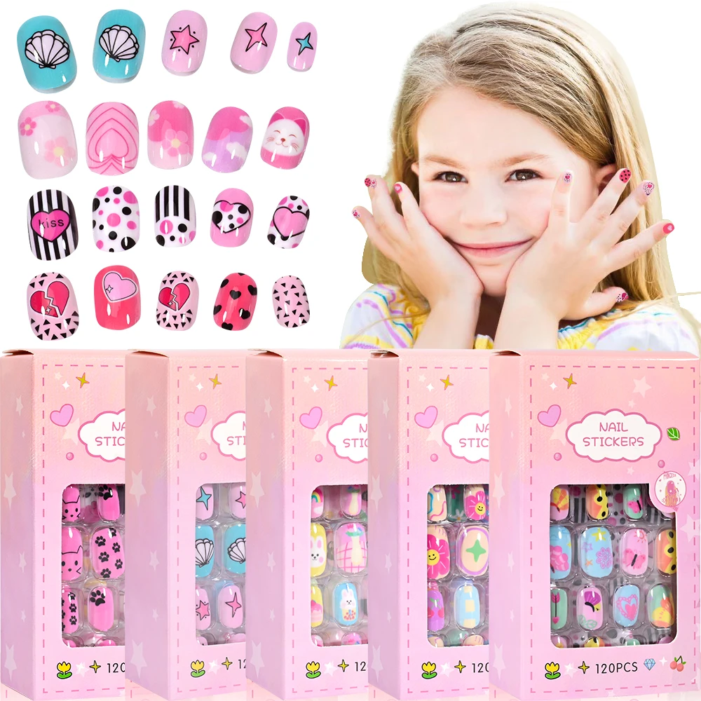 120 teile/schachtel Rosa Cartoon Kinder Drücken Auf Nägel Candy Farbe Einhorn Katze Bunny Kinder Volle Abdeckung Falsche Nagel Mädchen Party Nagel decora – Detail 3