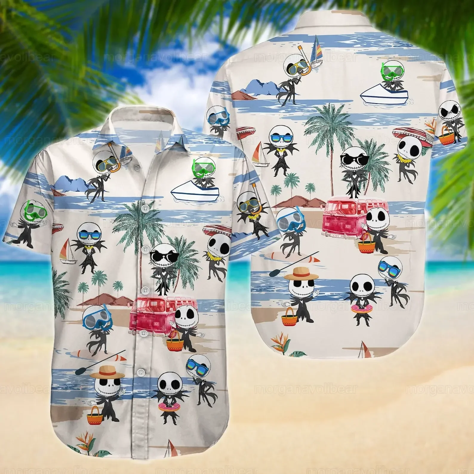 

2024 Disney Jack Skellington Hawaiian Shirts Men's Women Summer Short Sleeve Button Up Shirts Casual Beach Shirt Tops