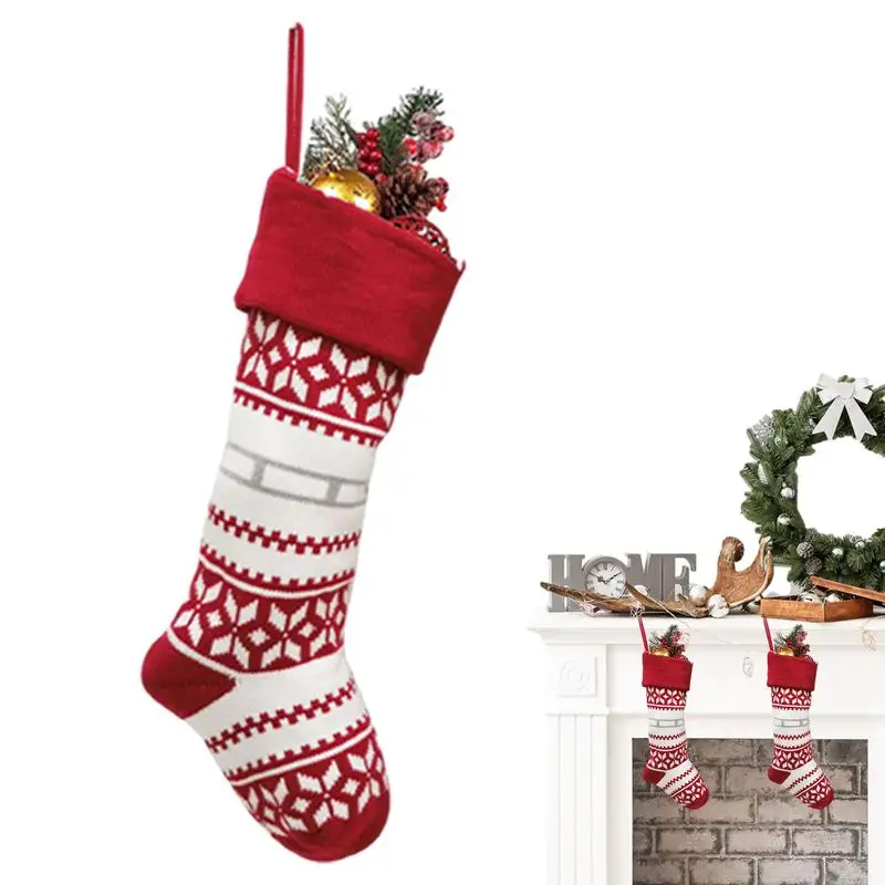 

19 Inches Knitted Christmas Stocking Knitted Elk Snowflake Stockings Decorations Hung Fireplace Farmhouse decorative Ornament