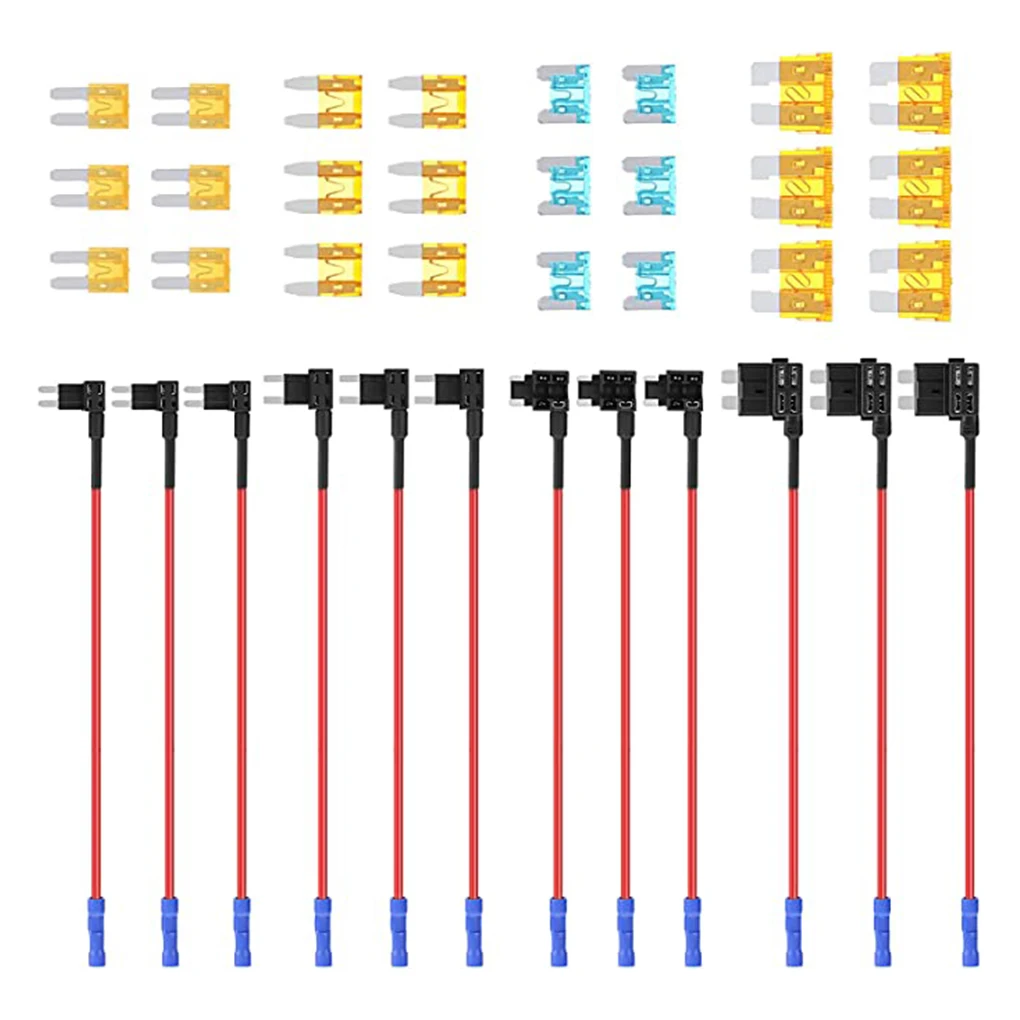 

36PCS 12V MINI SMALL MEDIUM Size Car Fuse Holder Add-a-circuit TAP Adapter with Micro Mini Standard ATM Blade Fuse for Cars Vans