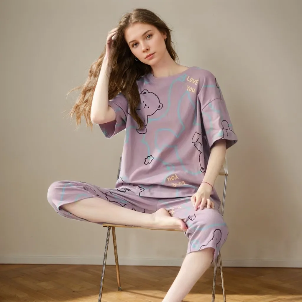 Summer Ladies Two-Piece Pajamas Women Seven Trousers Short-Sleeved Girls New Large Size Pajamas Homewear Suit Leisure Wear 5 Summer Ladies Two-Piece Pajamas Women Seven Trousers Short-Sleeved Girls New Large Size Pajamas Homewear Suit Leisure Wear - Image 5