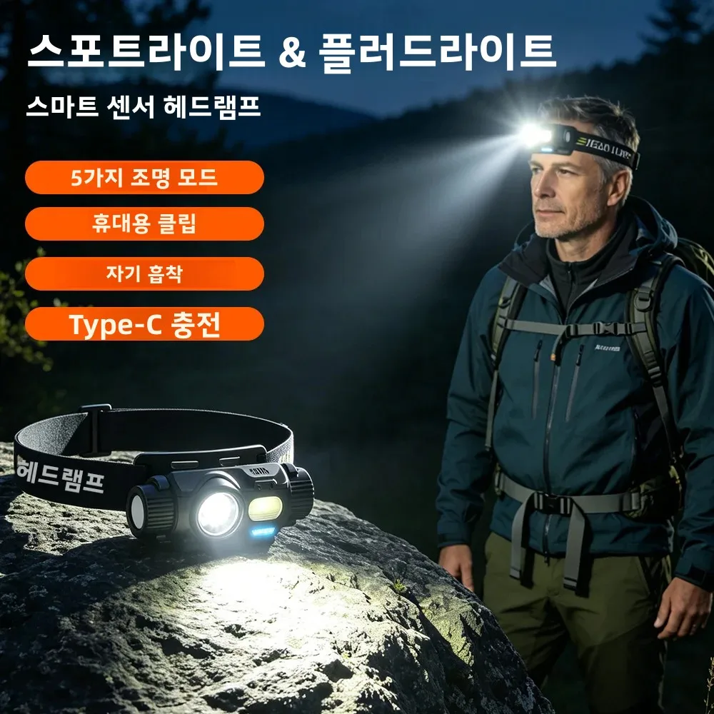 BORUiT 강력한 LED 헤드램프 모션 센서 타입-C 충전식 마그네틱 클립 헤드 라이트 캠핑 야외 손전등