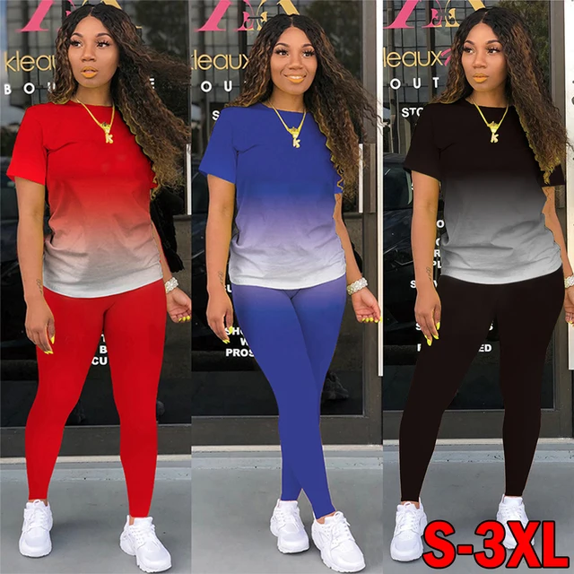 New Gradient Two Piece Outfits For Women Casual Short Sleeve T Shirt And Legging Summer Athletic.jpg