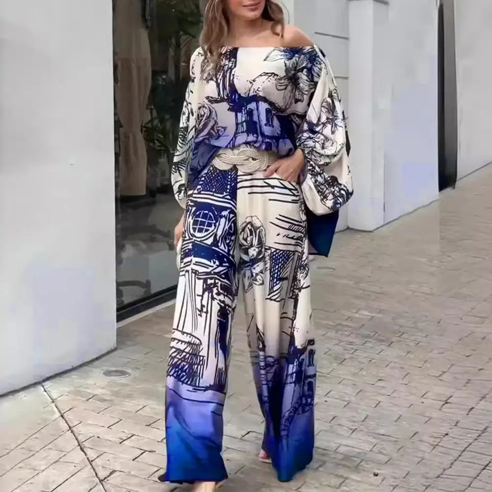 2 Pieces/set Women's Tops And Pants Suit One Shoulder Bat Sleeves Loose Printed Loose High Waist Wide Leg Casual Suit