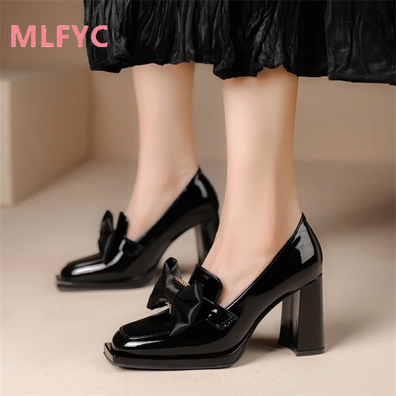 Single Shoe Women's 2022 Autumn New Square Head Lacquer Leather Women's Thick Heel Bow Waterproof Platform Cover Shoes
