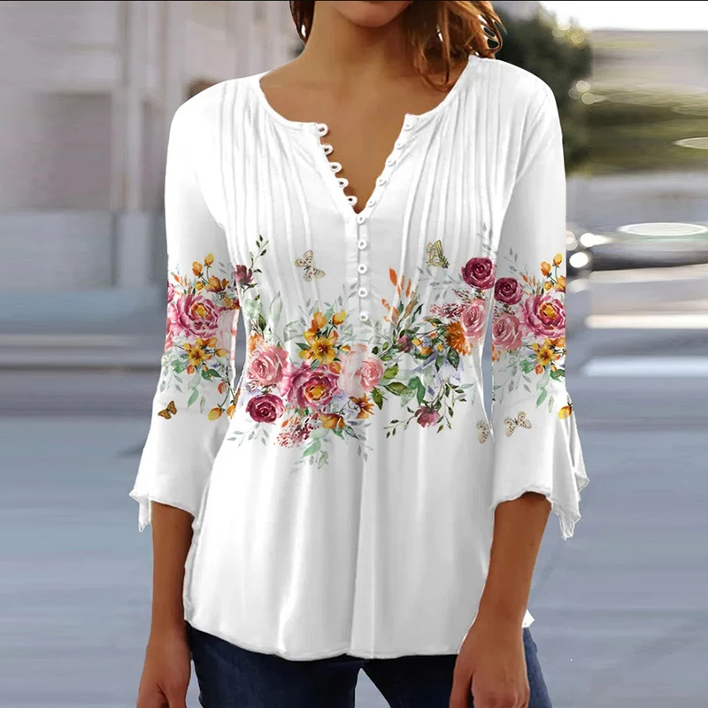 

New Women Tops And Blouses Elegant Women's Summer And Spring Vintage Printed V Neck Slim Striped Blouse Femme 2023