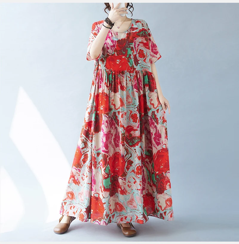 Vintage Boho Cotton Summer Dress - Casual Loose Print Holiday Dress for Women