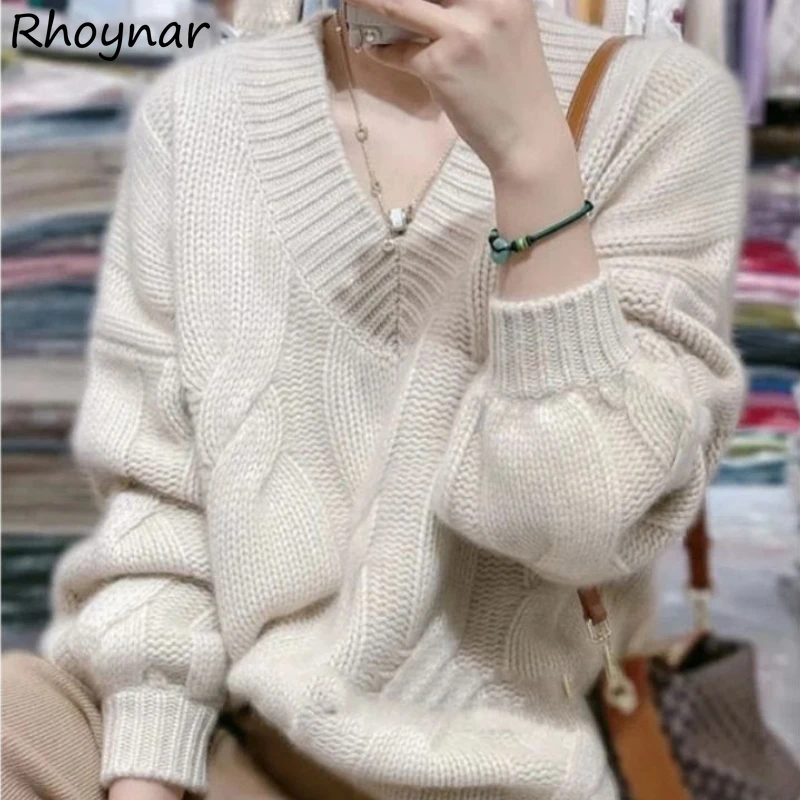 

V-neck Sweater Pullovers Women Vintage Korean Fashion Clothing Temper All-match Elegant Ladies Knitwear Pull Femme Simply Casual