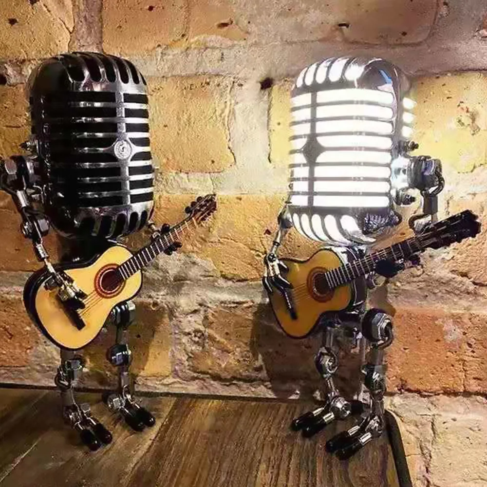 Creative Vintage Microphone Robot Touch Dimmer Lamp Table Lamp Robot Hand-held Guitar Decoration Home Office Desktop Ornaments best night light