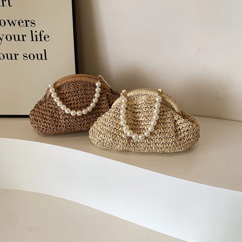 Pearls Chains Shell Straw Bag Beaded Woven Cloud Bags for Women Handbag Paper Rope Beach Shoulder Crossbody Bag Dumpling Tote