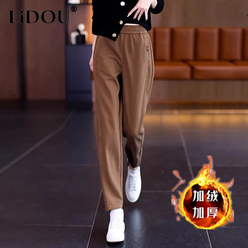 spring autumn  high waist thick warm vintage harem pants ladies elastic waist loose casual all-match trousers female clothes women s jeans spring korean style loose harem pants office ladies streetwear blue elastic bleach spliced denim pants