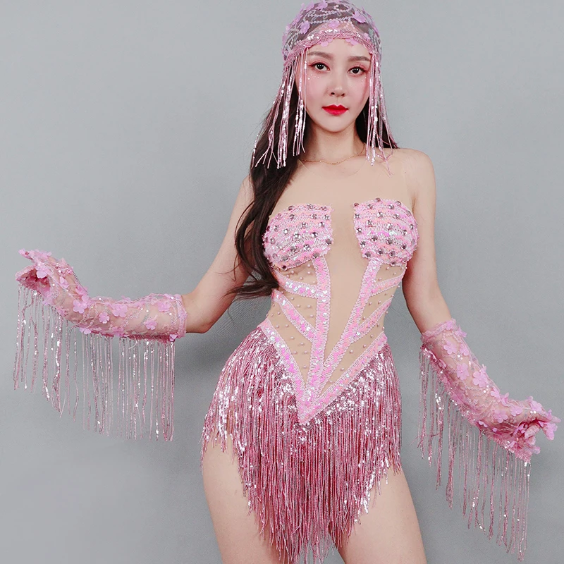 

Bar Nightclub Gogo Dance Team Ds Latin Costumes Pink Tassels Rhinestones Dress Women Jazz Performance Stage Party Dress DN15656