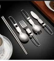 Travel Set with Mesh Bag 5pcs Stainless Steel Cutlery Spoon Fork Chopsticks Knife Set Tableware Dinnerware Portable Home Camping 6