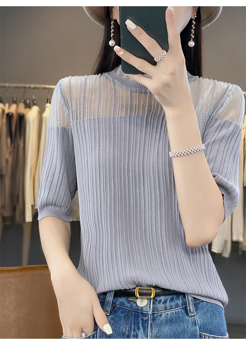 Summer Lace Stitching Ice Silk Knitted Short Sleeve T-Shirt Women Loose Solid Color Mesh Half Sleeve Blouse Thin