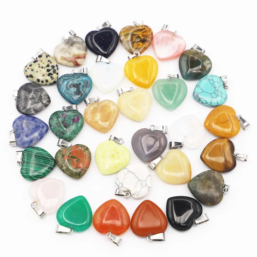 Assorted Fashion Mixed Color Natural&Synthetic Stone Heart Pendant Charm Necklace For Women Jewelry Making 20mm 50pcs Wholesale