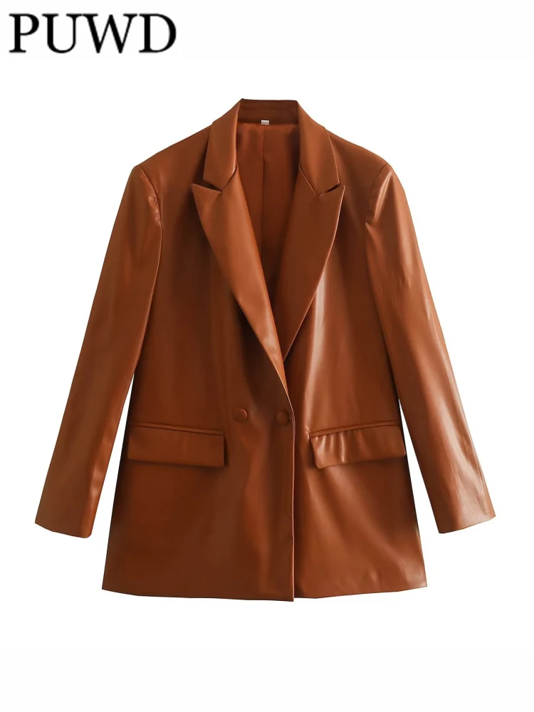 

PUWD Women Fashion Double-breasted Faux Leather Loose Blazer 2023 Spring Vintage Long Sleeves Flap Pockets Female Outwears Chic