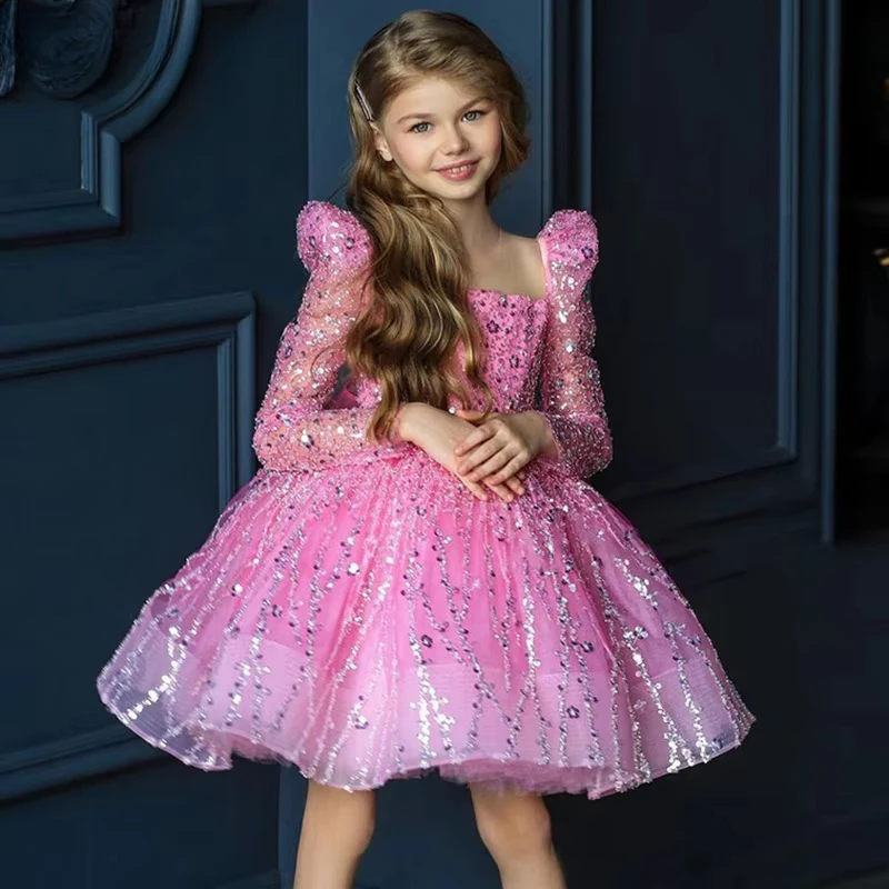 Mädchen Kleid Pailletten Mesh Lange ärmeln Geburtstag Party Outfit Passenden BabyProm Neue kinder Kleidung Eröffnung Zeremonie