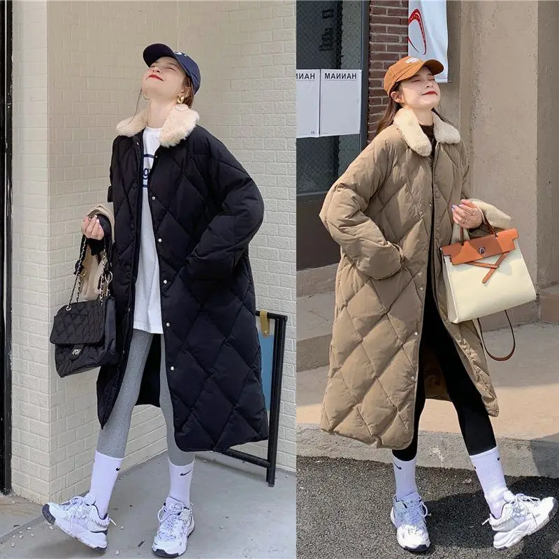 모피 칼라 오버사이즈 마름모 패턴 긴 파카 포켓 여성 따뜻한 롱 코튼 오버코트, 싱글 브레스트 