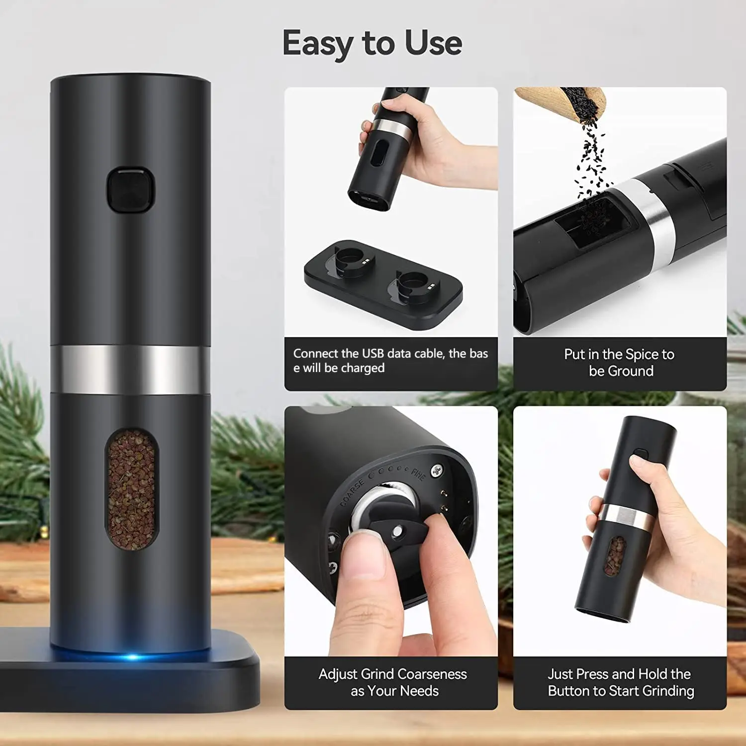 Kitchen Tools Electric Automatic Salt and Pepper Grinder Set Mill Refillable with Rechargeable Base 2 Adjustable Coarseness Mills LED Light