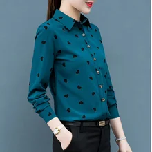 

Chiffon Women's Shirts Printed Love Long-sleeve Blouse Polo-Neck Basic Button Down Shirt for Women Elegant Top OL Female Clothes