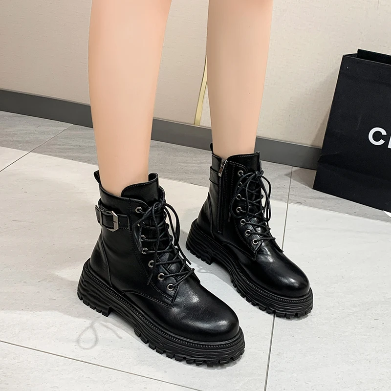 2023 New Shoes for Women Mid-Calf Lace-up Women's Boots Platform Fretwork Heels Winter Ladies Boots Round Toe Shoes Ladies