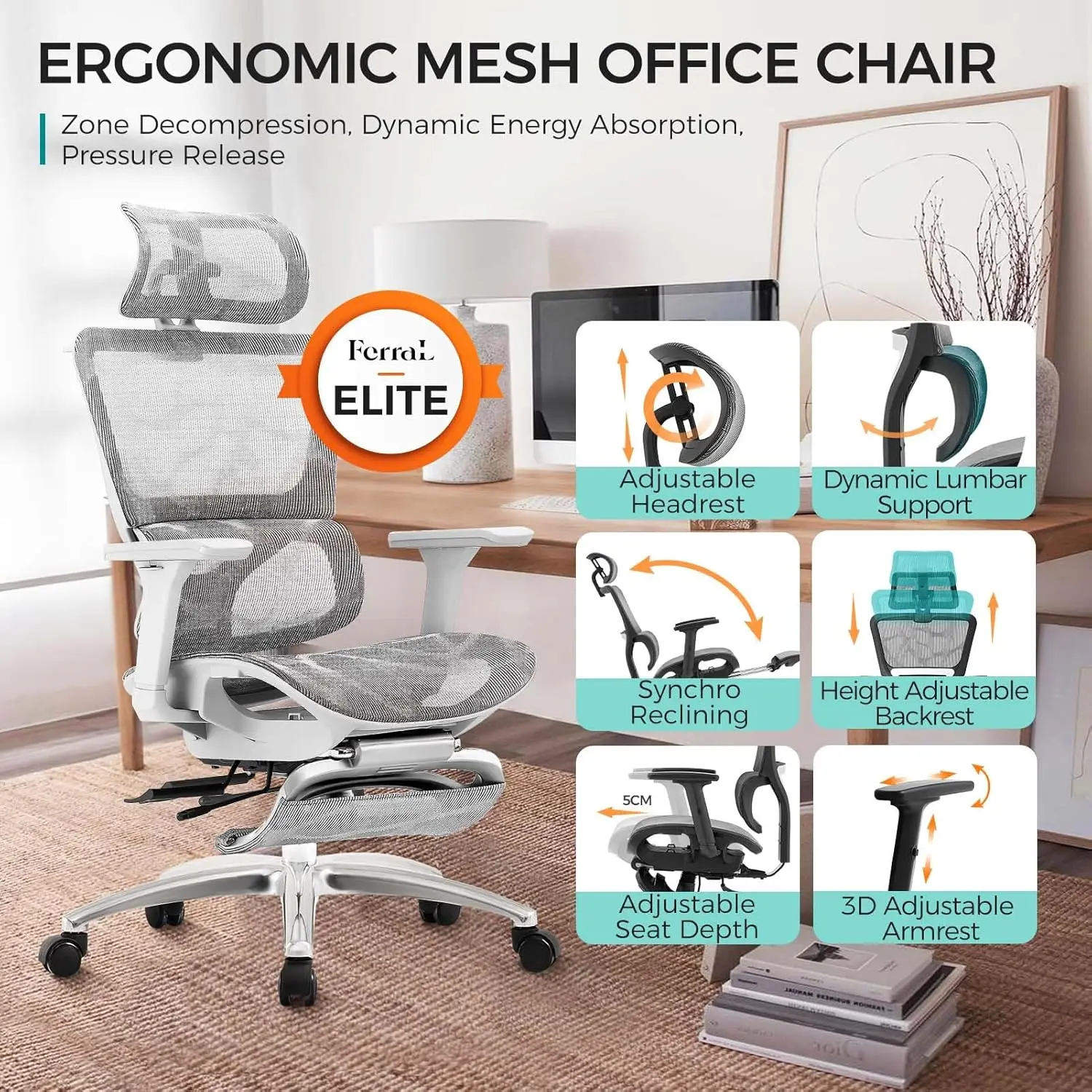 High Back Home Office Desk Chair with Lumbar Support, 4D Adjustable Armrest & Seat Depth 3