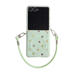 Luxury Colorful Polka Dots Leather Magnetic Phone Case with Handheld Rope - Galaxy Z Flip 5 (Green)